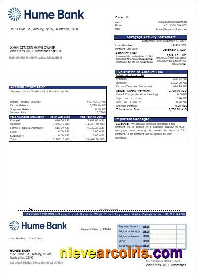 Australia Humebank bank mortgage statement